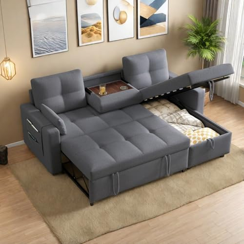 Canapé Convertible 3 Places en L avec Porte-Gobelets Rabattable, Canapé d'angle Convertible avec Rangement et Coussins, Canapé Lit avec Accoudoirs Canapé 3 Places Multifonctionnel au Salon Appt, Gris