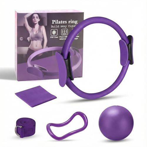 Kehigovi Cercle Pilates 38 cm, Kit Pilates Maison, Accessoires Anneau Yoga, Bande 1.5m, Ballon 25cm Bande d'Etirement, pour Force, Flexibilité, Stabilité, Débutants à Experts (Violet)