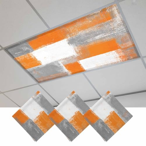 Fluorescent Light Covers, Orange Grey White Modern Magnetic Light Covers for Ceiling Lights, Abstract Art Oil Painting Fluorescent Ceiling Shade Filters for Classroom Bedroom Office 4x2Ft x 3PCS