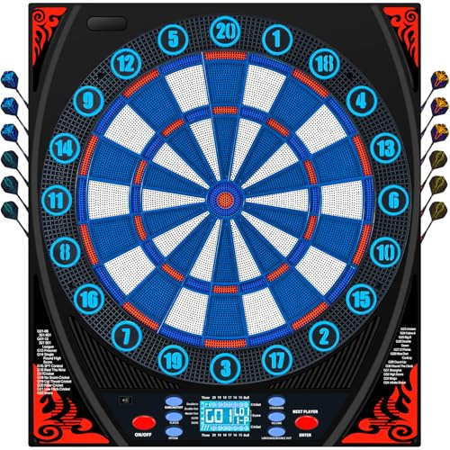 Oepmoc Electronic Dart Boards for Adults with Illuminated Number Ring&Backlit LED Display, Digital Dart Board Electronic with 34 Games&369 Options, Electronic Soft Tip Dart Board Set for 1-8 Players