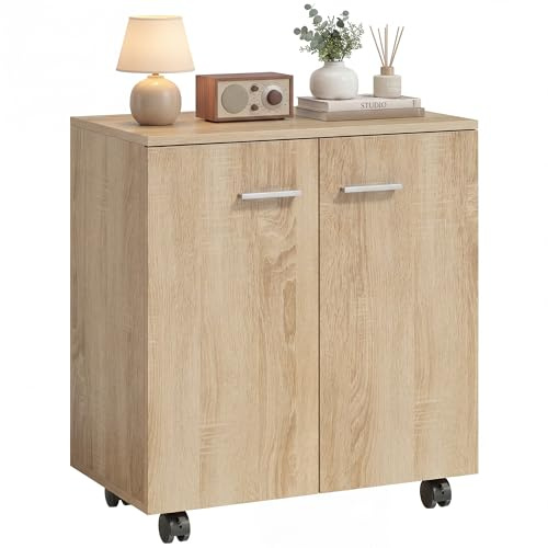 HOMCOM Mobile portaoggetti a buffet basso su ruote con 2 ante ripiano interno per soggiorno, camera da letto, ufficio, 60 x 35 x 65 cm, legno naturale