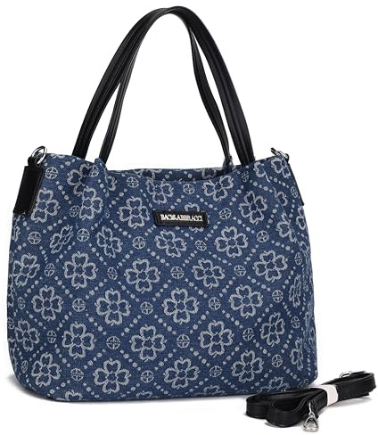 LAKCFSN Borsa a Mano Donna in Tessuto Jacquard, Elegante Shopper con Manici in Pelle PU, Grande Tote Bag Raffinata per Ufficio e Tempo Libero, Blu