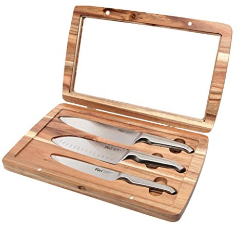 Furi Pro Acacia Knife Set 3 pc, Beautiful Acacia Wood Gift Box with Three Premium Knives for a Superior Cutting Performance, Stainless Steel Blades, Ergonomic Reverse-Wedge, Anti-Fatigue Handle