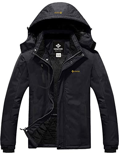 GEMYSE Herren Wasserdichte Berg-Skijacke Winddichte Fleece Outdoor-Winterjacke mit Kapuze (Schwarz,M)