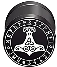 CHICNET Damen Herren Fake Plug Piercing Ohrstecker Ohrring aus Edelstahl in schwarz Silber, Schraubverschluss, 10mm rund, 6mm lang, 1.2mm Stift, Viking Celtic Nordic Thors Hammer