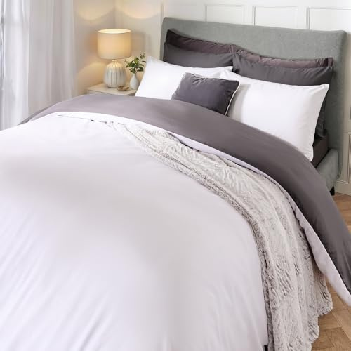 Brentfords Single Duvet Cover Set, Super Soft Warm Luxurious Plain Dyed Reversible Single Quilt Cover Set Microfibre Bedding with Pillowcase, Grey/White