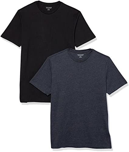 Amazon Essentials T-shirt en Coton à Col Rond à Manches Courtes, Coupe Classique Homme, Lot de 2, Bleu Marine Chiné/Noir, L
