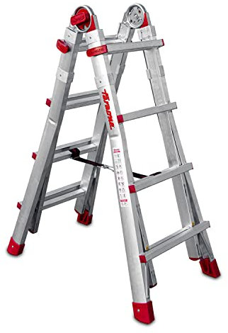 Faraone - TELES.T4, Scala telescopica in alluminio, 130 x 53 x 20 cm, 8 + 8 gradini, multiuso, altezza regolabile, molto resistente e stabile, stabilizzatori inclusi