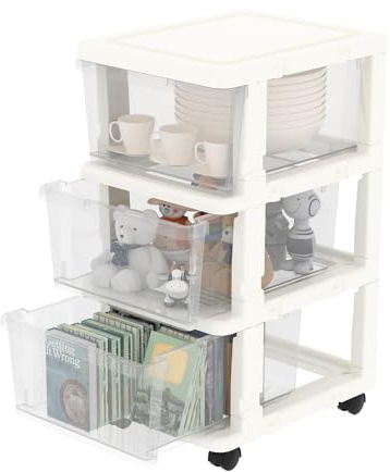 Cetomo Plastic Storage Drawers Unit, Storage Drawer on Locking Wheels, Tower with Interlocking Hooks for Home Office Closet Bedroom Dorm, Detachable, Free Combination, Clear and White, 3 Drawers