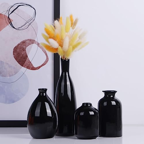 Set di 4 vasi in ceramica nera, arredamento moderno per la fattoria, arredamento per camino, arredamento per mensole e mensole, soggiorno, ingresso, bagno, cucina e ufficio, piccoli vasi