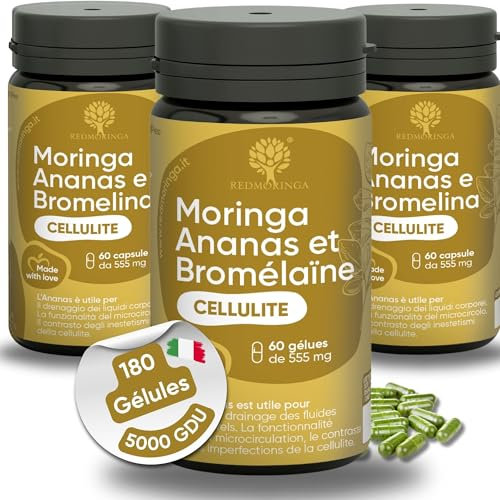 Bromelain Hochdosiert 5000 GDU - Entwässerungstabletten mit Moringa Bio und Ananas | Anti Cellulite Kapseln für Geschwollene Beine | Entwässerung Kapseln von RedMoringa | 180 Kapseln