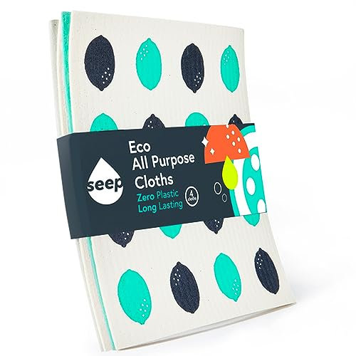 SEEP Swedish Kitchen Cloths For Cleaning - Reusable Sponge Dishcloth Ultra Absorbent - Eco-Friendly Biodegradable Compostable Cellulose Sponges (1 Pack - 4 Cloths)