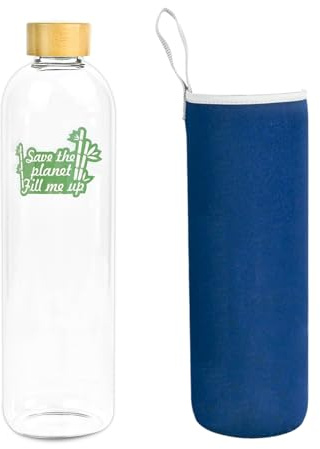 Bottiglia d'acqua in vetro 1,5 l 1500 ml con coperchio in bambù e vetro borosilicato con custodia in neoprene blu ecologico riciclabile, riutilizzabile, senza tossine, senza BPA