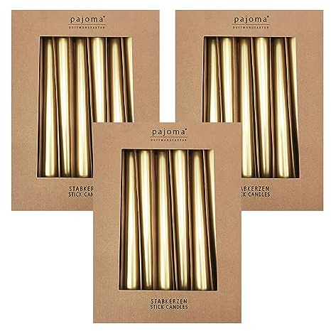 Stavljus set om 30 | Metalic – guld | höjd 25 cm ø 2,2 cm | brinntid 7 timmar – premiumkvalitet | enfärgade spetsljus | pajoma