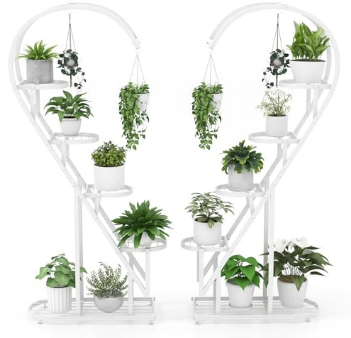 TANGZON 5 Tiered Metal Plant Stand, Heart Shape Ladder Flower Stand with Hanging Hooks & Adjustable Foot Pads, Large Plant Display Rack for Home Living Room Garden Balcony Patio (White)