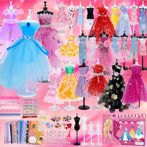 600+ Trousse de Création de Mode pour Filles, Design de Mode Bricolage Kits de Loisirs Créatifs Couture avec Mannequins Carnet de Croquis, Cadeaux D'anniversaire Noël pour Enfants 6 à 12 Ans
