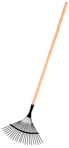 Acan Tradineur - Rastrillo de jardín con Mango de Madera, Cabeza metálica con 22 púas, Dientes Largos, Escoba para Barrer Hojas, césped, Ligero y Resistente - 150 x 36 cm