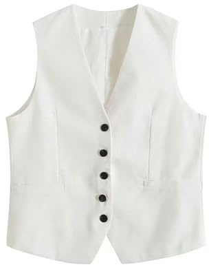 Traje de Chaleco Casual de Verano, Chaleco Suelto Mezclado de Lino + Traje de Pantalones Cortos para Mujer, Chaleco Blanco A0-XS