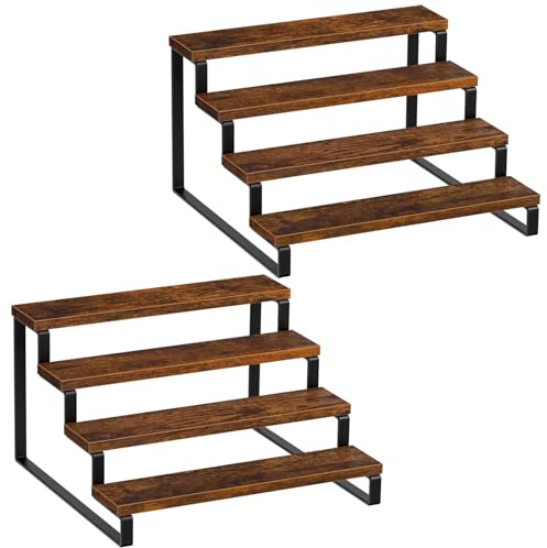 Giikin 4 Tier Spice Rack, Set of 2 Wooden Spice Rack for Countertop, Kitchen Counter Storage Shelves Cupcake Stand Holder Display Stand, Rustic Brown