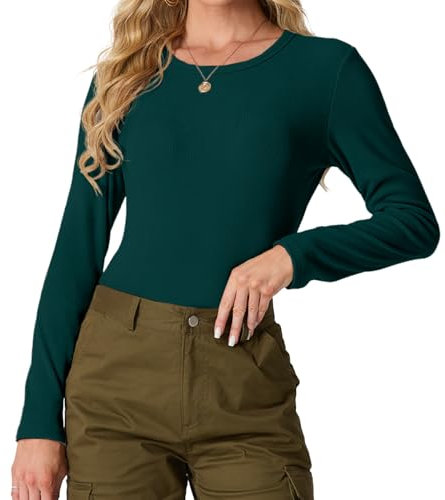 IWOLLENCE Basic Tops Women Ribbed Knit Round Neck Long Sleeve T Shirts Women Basic T-Shirt Y2k Slim fit Tee Tops (Dark Green, S)