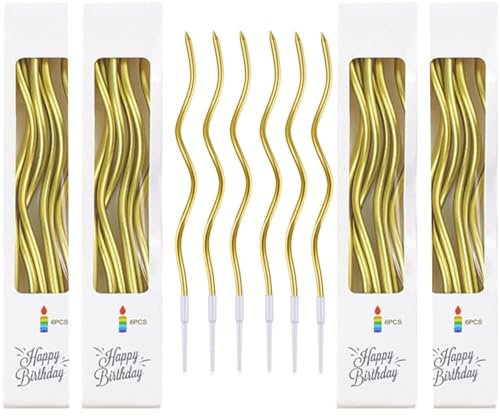 BOBOZHONG Candele a Spirale per Compleanno - 24 Pezzi Lunghe per Torta, Decorazioni Cupcake per Bambini e Adulti, Baby Shower (Oro)
