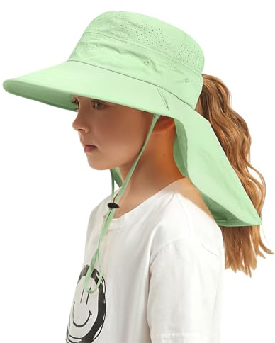 Kids Sun Hat Outdoor UPF 50+ Kids Hat for Boys Girls Bucket Hat with Wide Brim Neck Flap for Fishing Beach Safari Mint Green