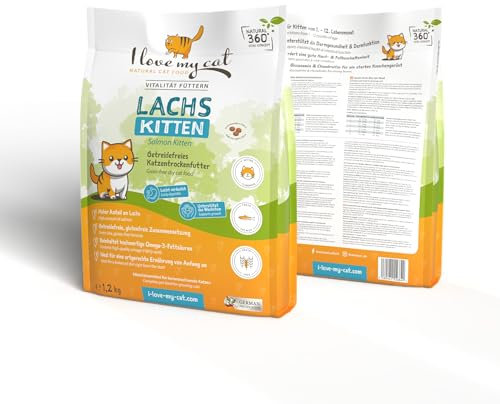 I love my cat Getreidefreies Trockenfutter für Kitten mit Lachs. Kittenfutter mit leicht verdaulicher, Omega-3-reicher Formel. Unterstützt gesundes Wachstum sowie Haut und Fell