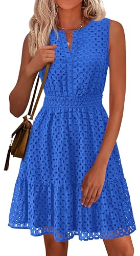 PRETTYGARDEN Women's Summer Dresses 2026 Sleeveless V Neck Eyelet Hollow Out Swing A Line Beach Vacation Sun Dress (Blue,Medium)