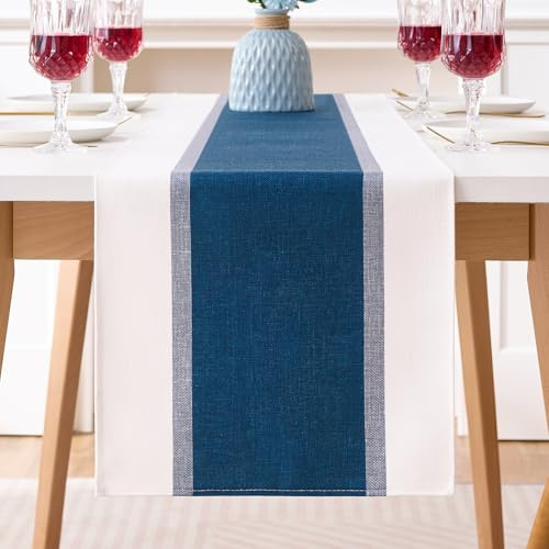 Runner Tavola Blu 40x140 cm Moderno Strisce Patchwork Retrò Runner Tavola Blu Navy Stagionale Autunno Cucina Decorazione Impermeabile per Interni,Vacanze, Feste, Matrimoni