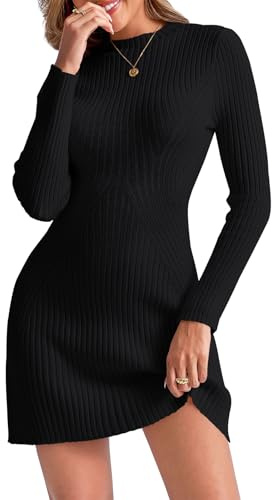 Saodimallsu Vestido de punto para mujer, manga larga, cuello redondo, vestido de jersey acanalado, línea A, corte ajustado, elegante, de punto fino, vestido de ocio, vestido de otoño, Negro , L