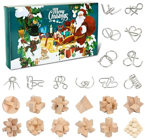 PATEMZON Calendario Avvento 2025 Bambini, Set di 24 Pezzi Wooden e Metal Puzzle Brainteaser Gioco, Calendario dell'Avvento 24 Giorni, Giocattolo Educativo Intelligenza per Ragazzi Ragazze