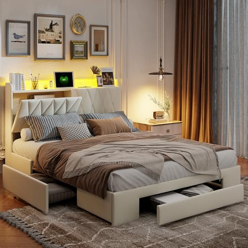 Aneutr Lit 140x200 avec Sommier et 3 tiroirs, Lit Coffre avec Éclairage LED et Charge USB, lit Double rembourré Tête de Lit avec Rangement pour Adultes et Adolescents, Velours (Beige, 140x200)