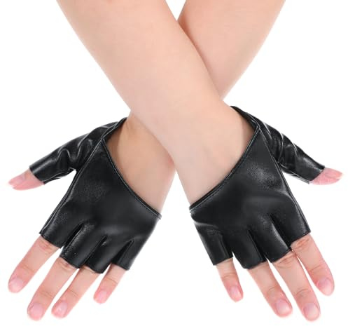 Styquenzer Black Leather Fingerless Gloves Half Palm Half Finger PU Leather Gloves for Women Dancing Punk Gothic Fingerless Glove Mittens Steampunk Retro Punk Biker Glove