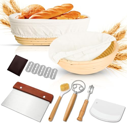Banetones para Pan, Kit Completo de 10 Piezas con Cestas de Fermentación Redonda y Ovalada de Ratán Natural,con Raspador de Masa, Batidor, Cuchillo de Panadero y Paño de Lino,para Masa Madre y Pan Bao
