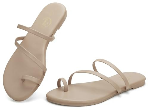 Trary Nude Flat Sandals, Miami Toe Loop Strappy Sandals, Dressy Summer Flip Flops Strappy Dressy Summer Slides for Beach Travel Size 9