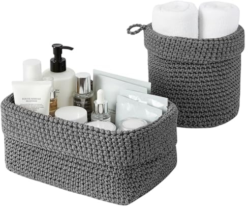 2 Piezas Cestas Almacenaje de Cuerda de Algodón,Juego de Cajas de Almacenaje,Cestas Organizadoras,Cesta Decorativa para Salón, Organización y Almacenaje Para Maquillaje,para Salones (Gris)