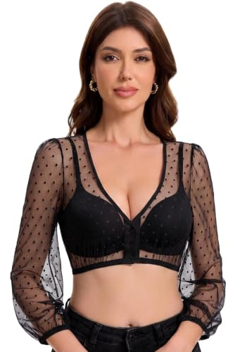 Trachtland Blusa Dirndl para Mujer de Manga Larga, Estilo Tradicional Oktoberfest Transparente, con Escote en V, Botones y Lunares Negros Talla 34-44 (DE/NL/SE/PL, Numérico, 42, Regular, Negro)