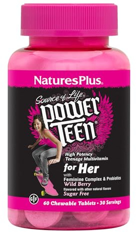 NaturesPlus Source of Life Power Teen for Her - Food Based Chewable Multivitamin Vitamins for Teenagers - Vegan, Gluten Free - 60 Chewable Tablets