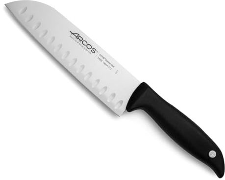 Arcos Coltello Santoku in Acciaio Inossidabile Nitrum con Lama da 180 mm – Manico in Polipropilene, Design Innovativo per Uso Quotidiano – Nero, Serie Menorca