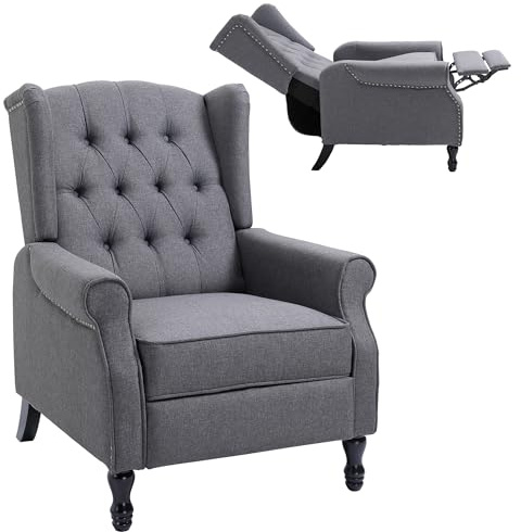 HOMCOM Recliner Armchair, Vintage Reclining Chair with Nail Head Trim, Wingback Chair with Button Tufted Back and Footrest, for Living Room, Grey