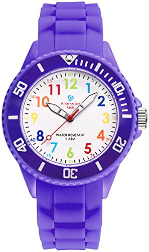 Alienwork Kids Lernuhr Kinderuhr Mädchen Uhrzeit Lernen Violett Silikon-Armband Mehrfarbig Kinder-Uhr Wasserdicht 5 ATM Zeit Lernen