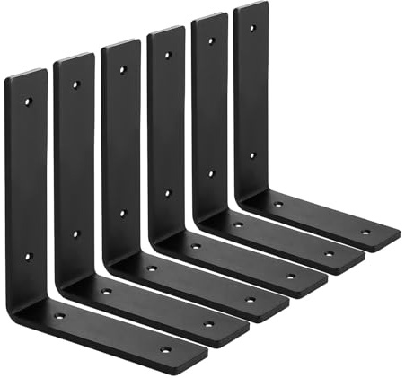MLOQI 6 Pack Heavy Duty Shelf Brackets, 5mm Thick Scaffold Board L Wall Brackets for Shelves, Black Industrial Shelves Support (8x6/20cm x 15cm)