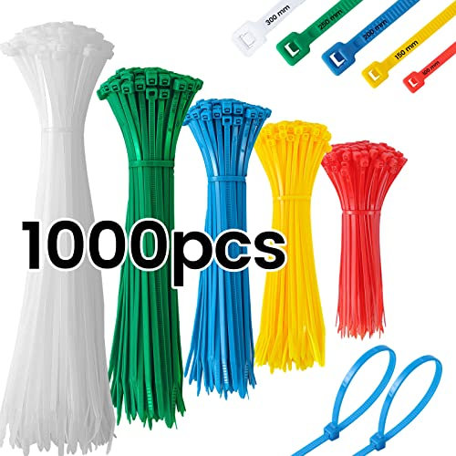 DUNSOO 1000 Stück Kabelbinder Set, 100/150/200/250/300mm Kabelbinder UV Beständig Temperaturbeständig, Chemische Resistenz Cable Ties Heavy Duty Starke Zip Ties, mehrfarbig