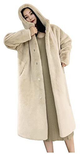 L9WEI L9 Women's Oversized Faux Fur Coat With Hood - Long Elegant Plain Jacket, Warm Plush Loose Winter Coat, X01 Beige