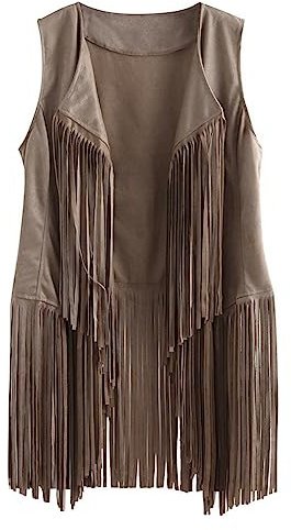 Yurosiay Gilet da donna in finta pelle scamosciata con frange, stile etnico, con frange, da donna, con frange, vintage, senza maniche, con frange, lungo, da motociclista, con frange, rosso, S, beige