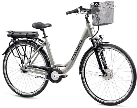 TRETWERK 28 Zoll E-Bike Damen Fahrrad Pedelec - Cloud Pro - Citybike Damenfahrrad mit Fahrradkorb und 7 Gang Nabenschaltung - 250W, 36V grau