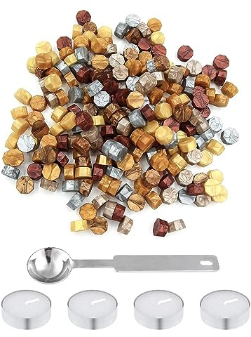 ChAusa 200 Perles de Cire à Cacheter Métalliques, Kit Octogonal pour Cartes Postales, Invitations - Avec Cuillère à Fondre et 4 Bougies
