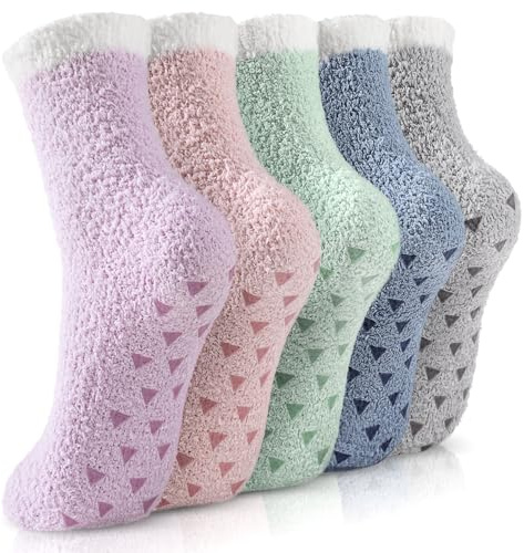 Trifabricy Fuzzy Socks - 5 Pairs Slipper Socks for Women, Women's Winter Warm Cozy Sock, Non Slip Fuzzy Slipper Sock