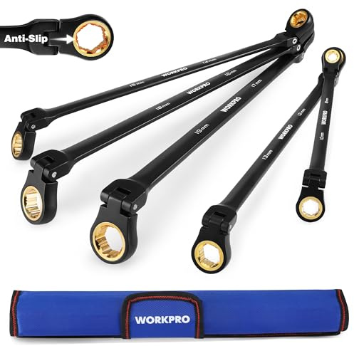 WORKPRO Extra Long Ratcheting Wrench Set, 10-Piece Anti-Slip Double Box Wrenches Set, Metric 8-19 mm, 72-Teeth, Cr-V Steel and Black Electrophoretic Coating Wrenches with Rolling Pouch
