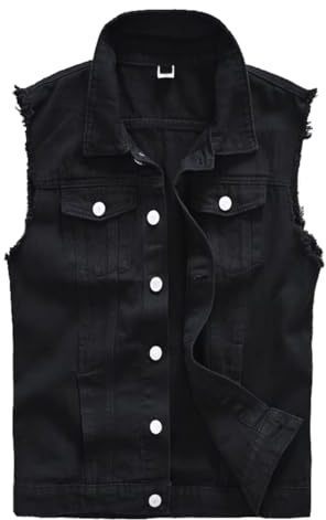 Herr denim västar slitna casual ärmlös biker mode jeansväst, #011 Svart, S